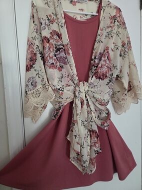 WallFlower Boho Cottagecore Floral Kimono & Dress 2pc Set L